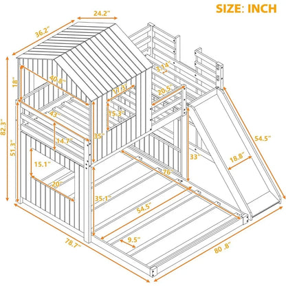 House Bunk Beds with Slide,Wood with Roof and Guard Rail for Kids,Toddlers,No Box Spring Needed (White,Twin Loft Bed with Slide)