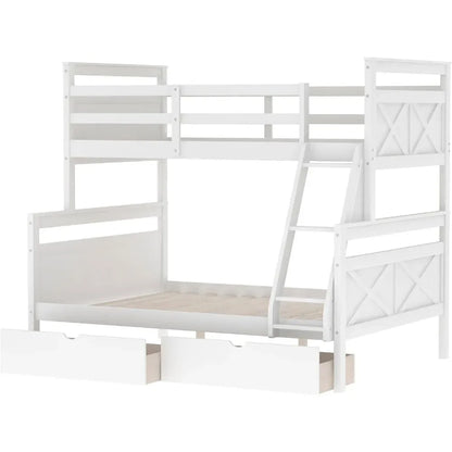 Twin Over Full Bunk Bed with 2 Storage Drawers,Solid Wood Bunk Bed w/Ladder and Safety Guardrail for Bedroom Kids Adults,White