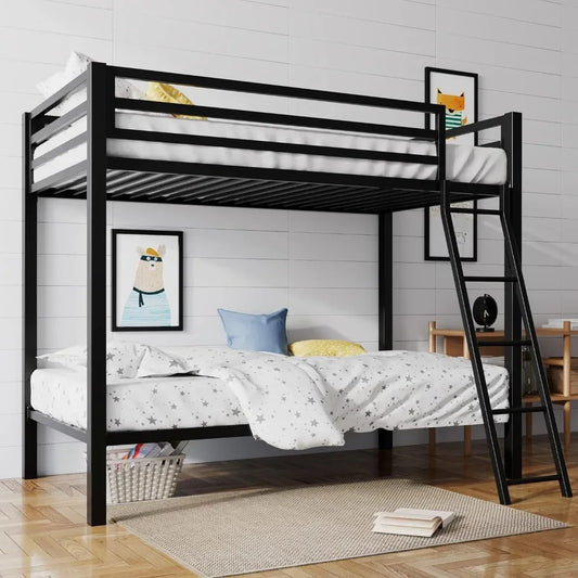 Twin Over Twin Metal Bunk Bed for Juniors, Industrial Twin Bunk Beds Frame, Space-Saving, Easy Climbing & Assemble, Black