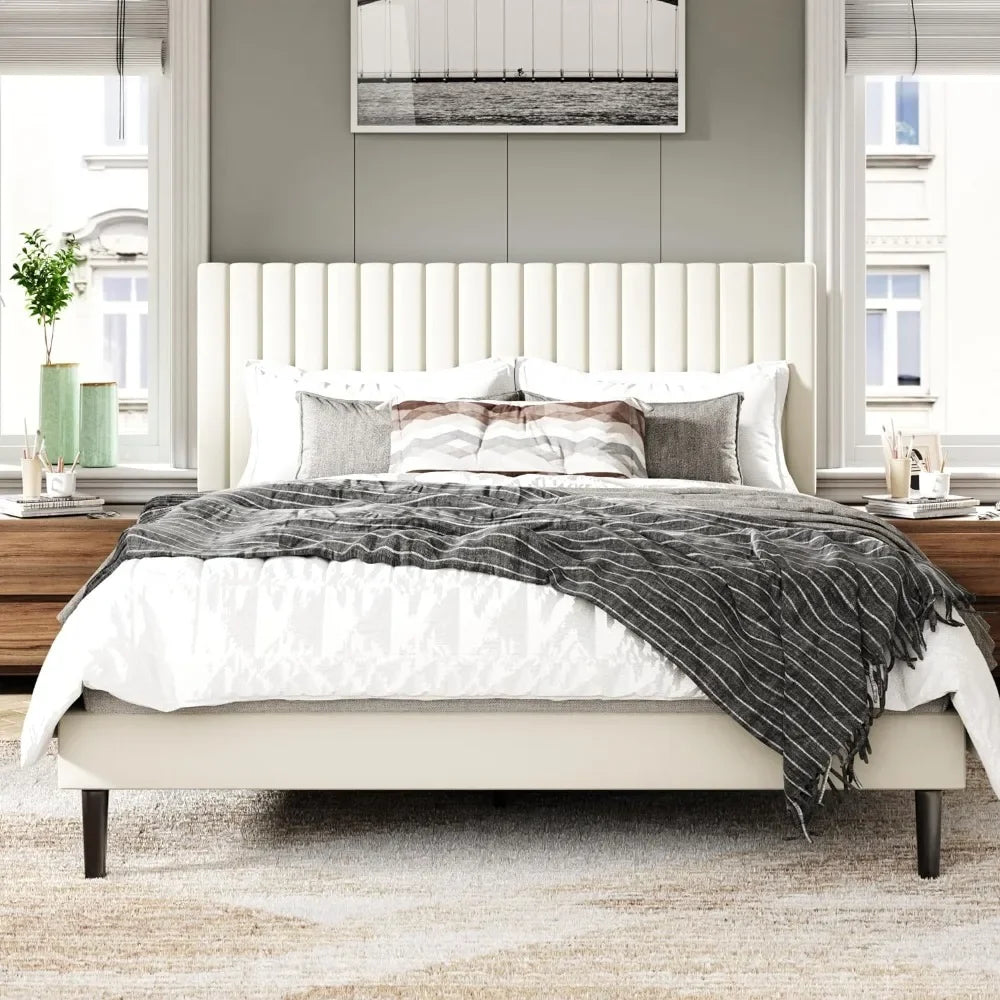 Queen Size Bed Frame with Velvet Upholstered Headboard,Platform Bed with Strong Wood Slats,Mattress Foundation83.3Lx62.4Wx47"H