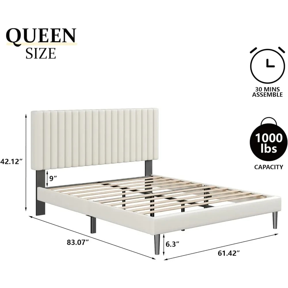 Queen Size Bed Frame with Velvet Upholstered Headboard,Platform Bed with Strong Wood Slats,Mattress Foundation83.3Lx62.4Wx47"H