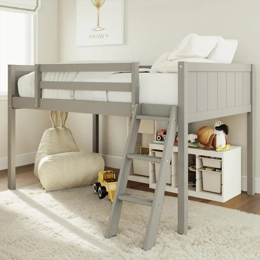 Wood Low Loft Bed with Ladder,Wooden Low Loft Bed with Guardrail for Kids or Teens,Space Saving,No Box Spring Needed,Twin Size