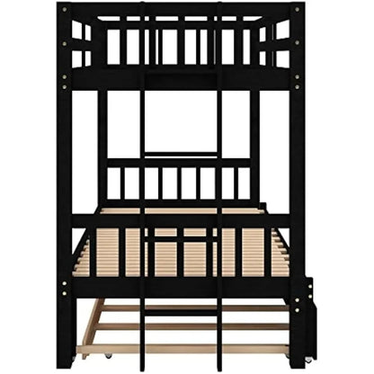 Twin Over Pull-Out Queen Full Bunk Bed with Trundle with Ladder, Extendable with Safety Rail for Kids Adults Teens, Espresso