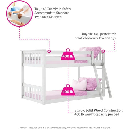 Twin Over Twin Low Bunk Bed with Ladder, Wooden Bunk beds with 14” Safety Guardrail for Kids,Toddlers, Boys, Girls, Teens, White