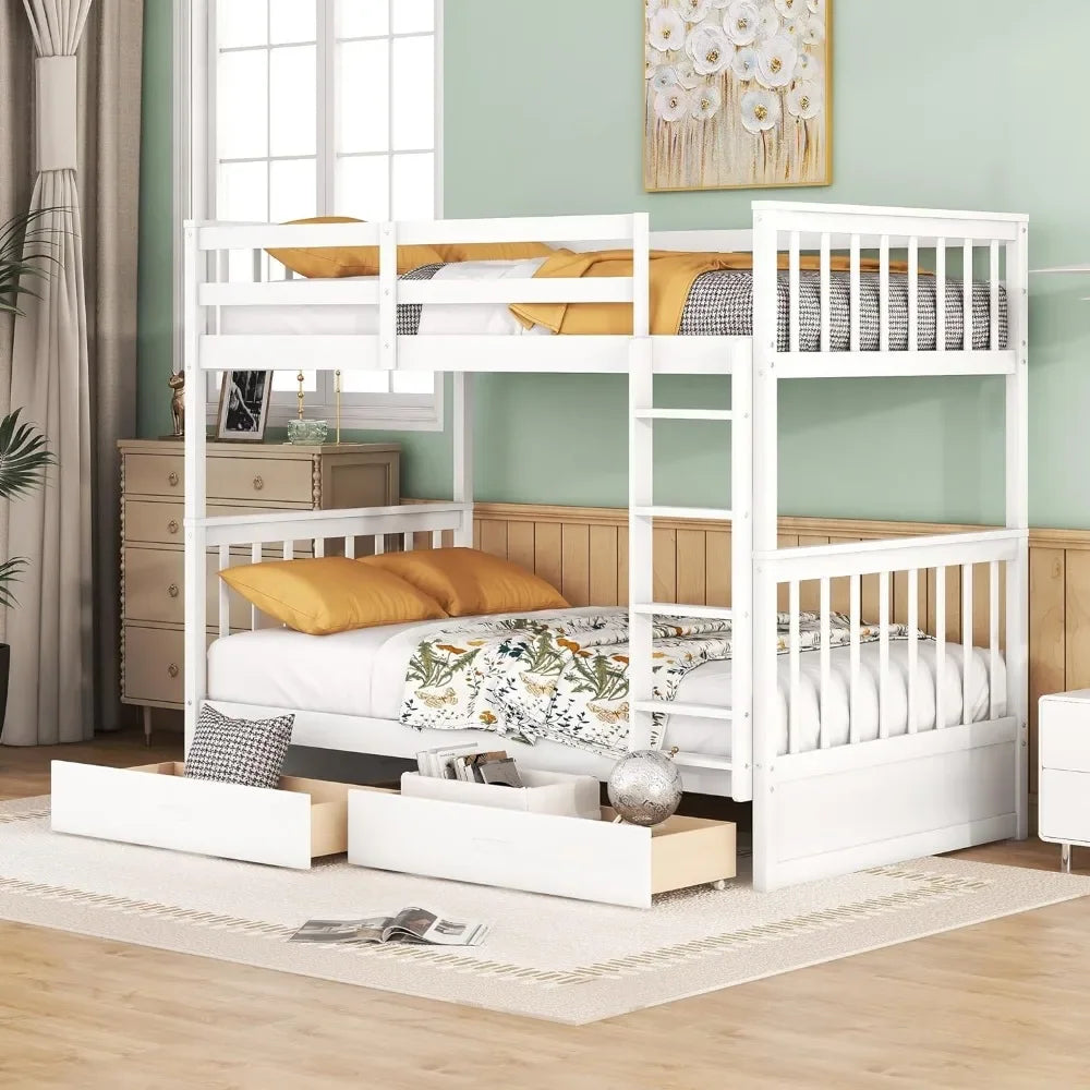 Wood Bunk Bed with Drawers,Convertible Wood Bunk Bed with Ladders and Two Storage Drawers,with Ladders,Twin Over Twin Size,White