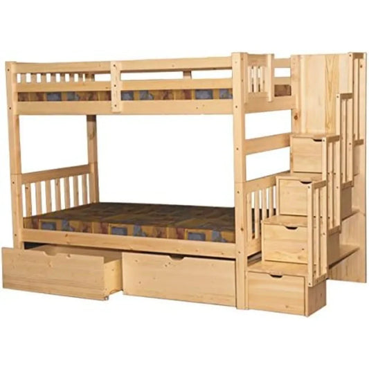 Stairway Twin Over Twin Bunk Bed with Drawers Natural Solid Wood Natural Wood Durable Sturdy Long-Lasting furniture