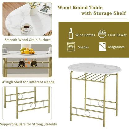 3 Piece Small Round Dining Table Set for Kitchen Breakfast Nook, Wood Grain Tabletop with Wine Storage Rack, Save Space, 31.5"