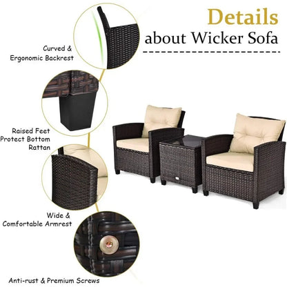 Wicker Outdoor Sofa Set w/Washable Cushion and Tempered Glass Tabletop,  Furniture for Garden Poolside Balcony，Garden Sofas