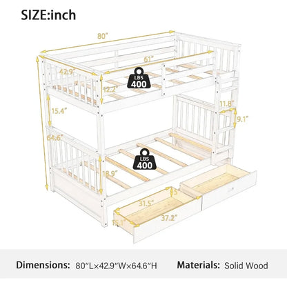 Wood Bunk Bed with Drawers,Convertible Wood Bunk Bed with Ladders and Two Storage Drawers,with Ladders,Twin Over Twin Size,White