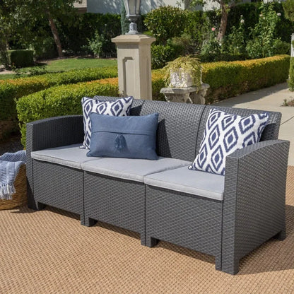 Home St. Outdoor 3-Seater Faux Wicker Rattan Style Sofa with Water Resistant Cushions, Charcoal / Light Grey