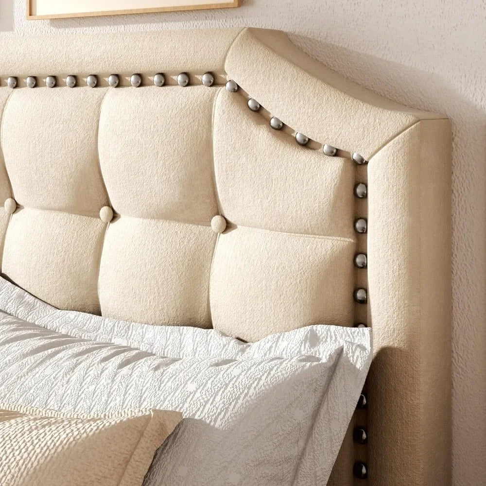 Bed frame with soft cushion, sturdy wooden board, no need for spring box, button tufting, and rivet decoration headboard