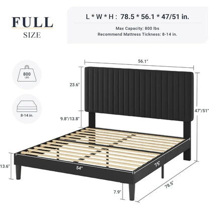 Velvet padded platform bed with adjustable vertical channel, tufted headboard, sturdy wooden mattress bas78.5"L x 56.1"W x 47"H