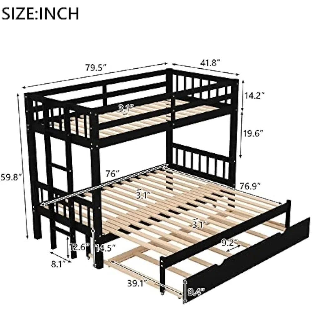 Twin Over Pull-Out Queen Full Bunk Bed with Trundle with Ladder, Extendable with Safety Rail for Kids Adults Teens, Espresso