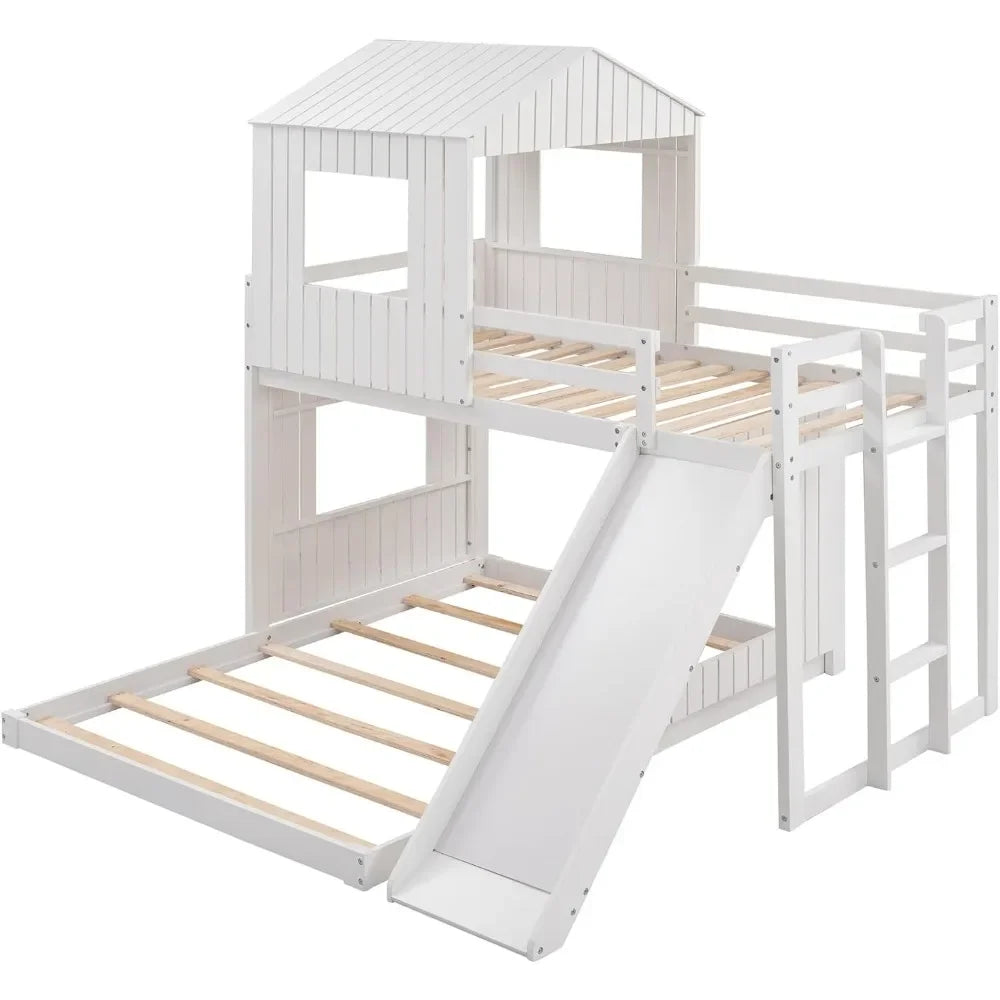 House Bunk Beds with Slide,Wood with Roof and Guard Rail for Kids,Toddlers,No Box Spring Needed (White,Twin Loft Bed with Slide)