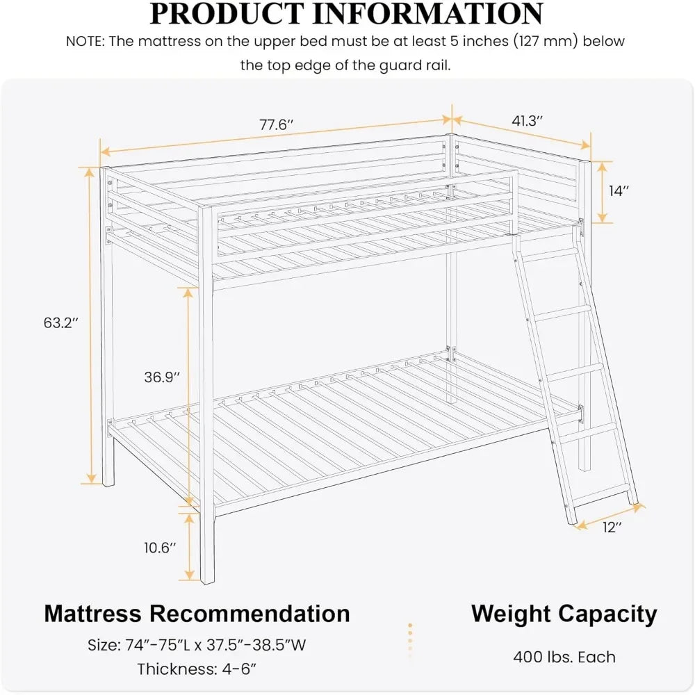 Twin Over Twin Metal Bunk Bed for Juniors, Industrial Twin Bunk Beds Frame, Space-Saving, Easy Climbing & Assemble, Black