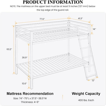 Twin Over Twin Metal Bunk Bed for Juniors, Industrial Twin Bunk Beds Frame, Space-Saving, Easy Climbing & Assemble, Black