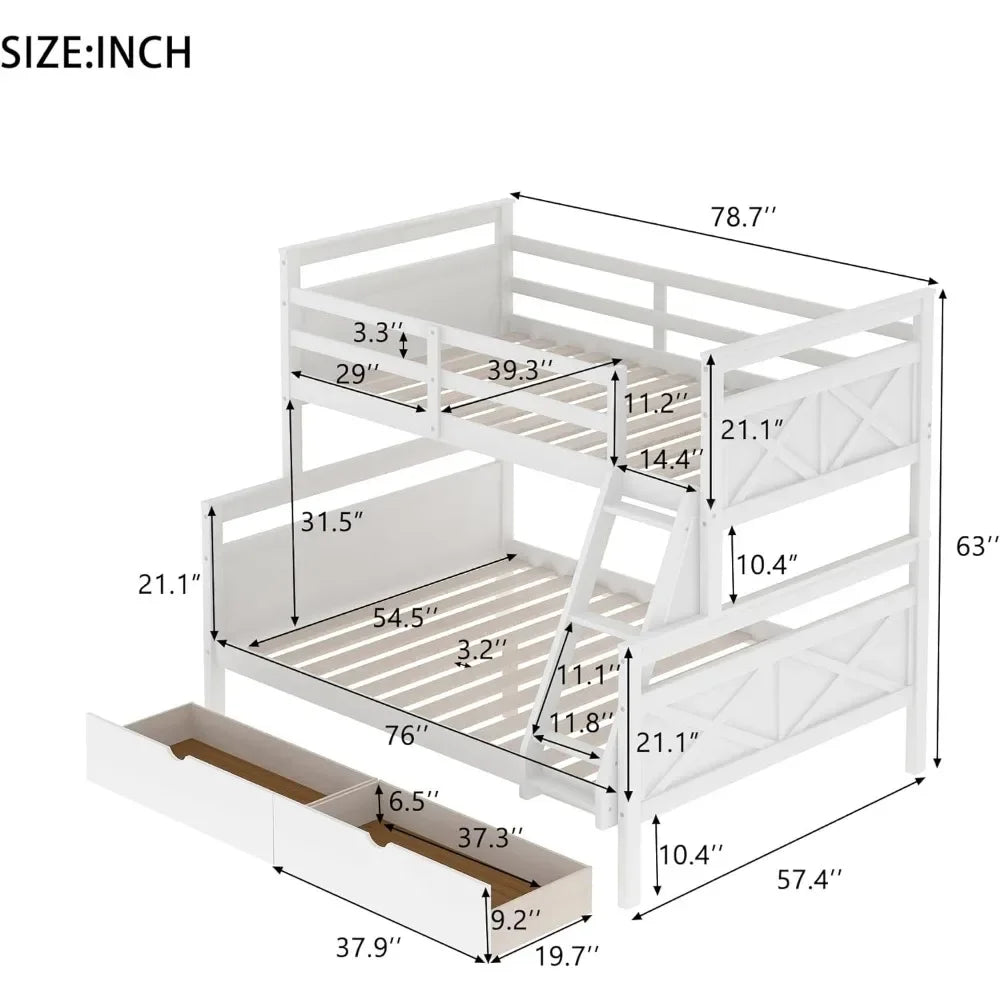 Twin Over Full Bunk Bed with 2 Storage Drawers,Solid Wood Bunk Bed w/Ladder and Safety Guardrail for Bedroom Kids Adults,White