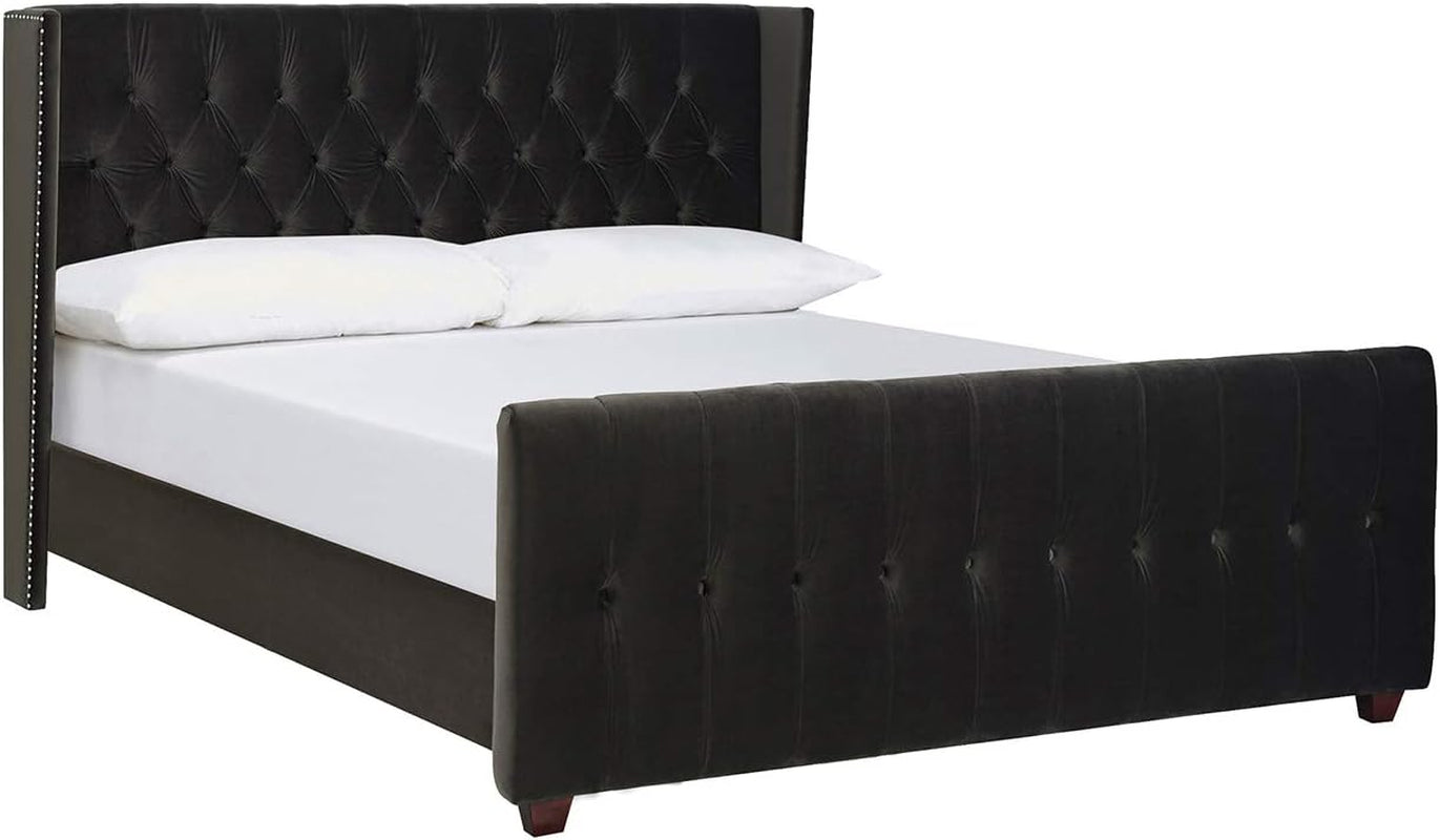 David Collection Modern Upholstered King Size Size Bed Frame, Hand Tufted and Nailhead Trim, Dark Charcoal Grey